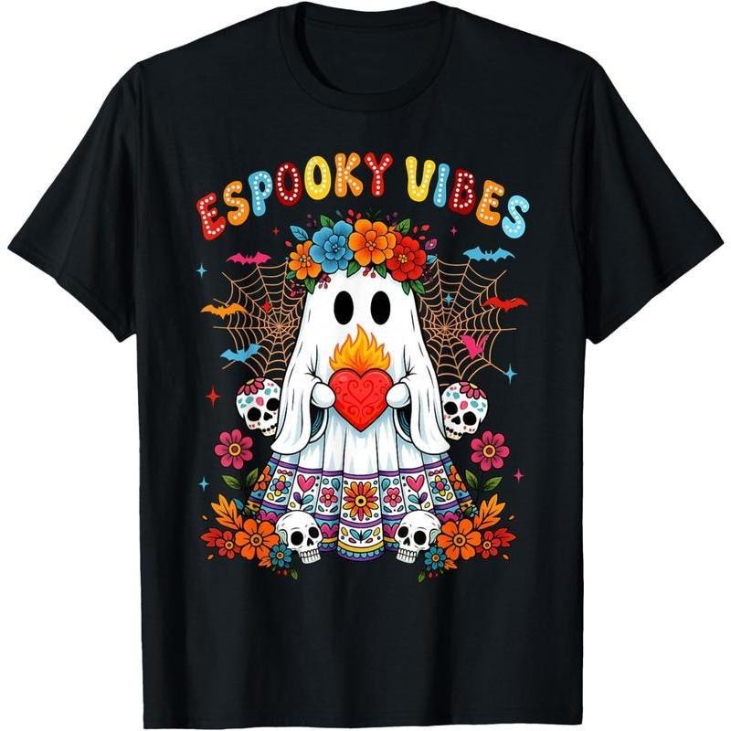 Espooky Vibes Day of The Dead Mexican Halloween Ghost Women Summer Casual Short Sleeve Cotton T-Shirt Cotton Unisex...