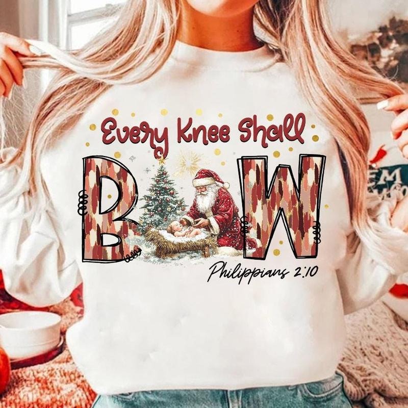 Every Knee Shall Bow Bible Verse Santa Claus Sweatshirt, Nativity Scene, Santa Christmas, Christmas Shirt, Kneeling...