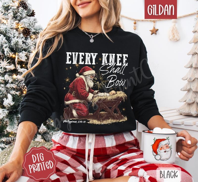 Every Knee Shall Bow Christmas Sweatshirt, Trendy Religious Women's Crewneck T-Shirts, Hoodie | PodTeesHub.com