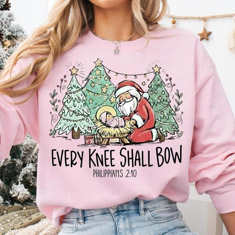 Every Knee Shall Bow Phillipians 2:10 Baby Jesus Cozy Sweater, Religious Christian Kneeling Santa Sweatshirt, Whimsical...