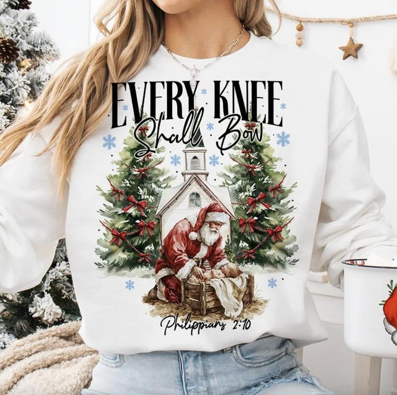 Every Knee Shall Bow Sweatshirt, Nativity Scene Hoodie, Santa Christmas Hoodie, Jesus Sweatshirt, Christian Hoodie T-Shirts