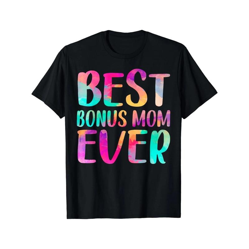 [Everyday Comfort] Women's "Best Bonus Mom Ever" Cotton T-Shirt | Multi-Color Gradient Print | Casual Crew Neck, Short...