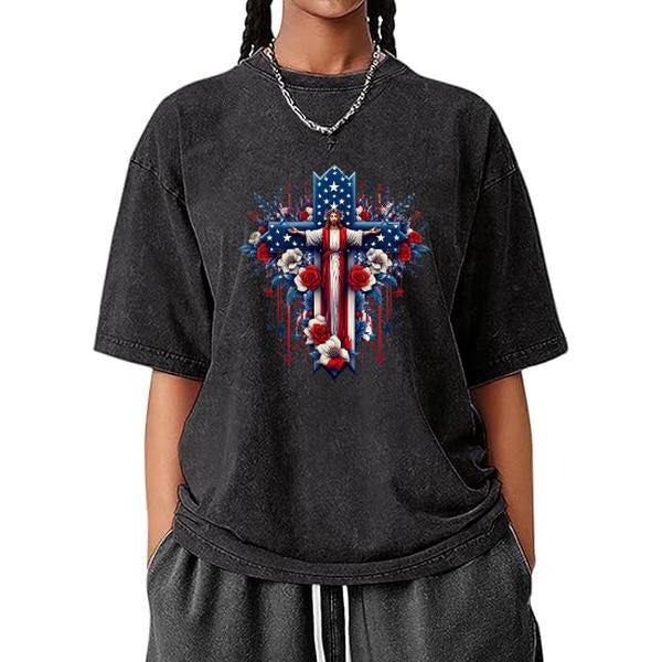 Evoke American Retro - Faith Aura! This women's washed T - shirt, featuring a unique blend of religious and American...