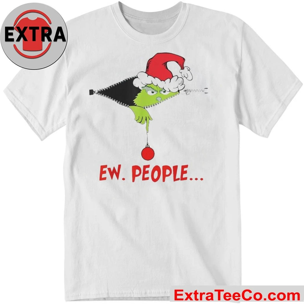 Ew People Christmas Shirt Grinch, wearing a Santa hat, peeks out from the zipper Xmas 2025 Tee