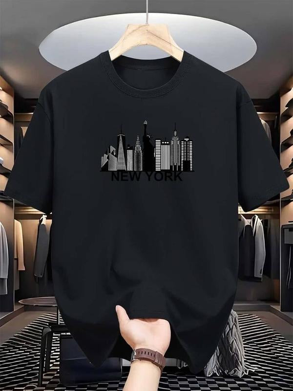 Experience Everyday Comfort with Men's Light Blue Skyline Graphic T Shirt Featuring a Cityscape Design for Casual Summer...