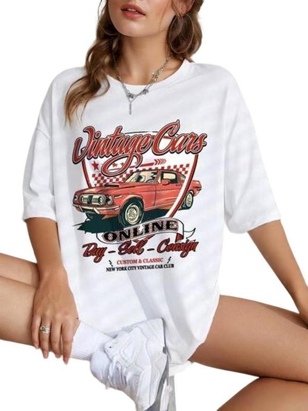 Ezwear Car & Letter Graphic Drop Shoulder T-Shirt, Trendy Casual Style, Comfortable Fashion Tee for Daily Wear, All...