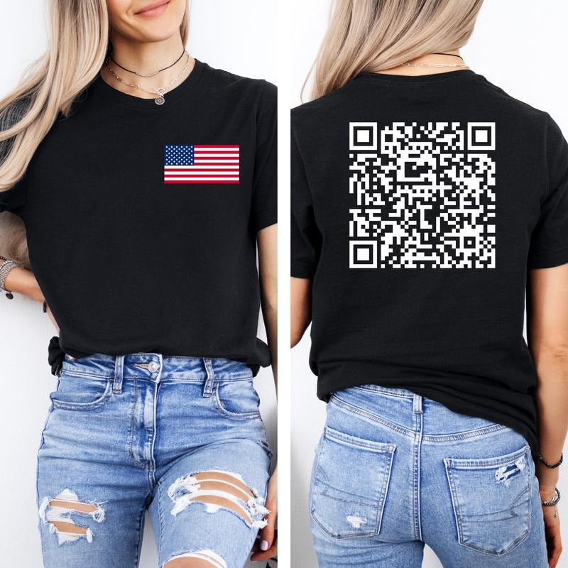 F Y USA Flag QR Code T-Shirt, American Flag Front Back Graphic Tee, Unisex Cotton Shirt, Patriotic Casual Outfit, Modern...