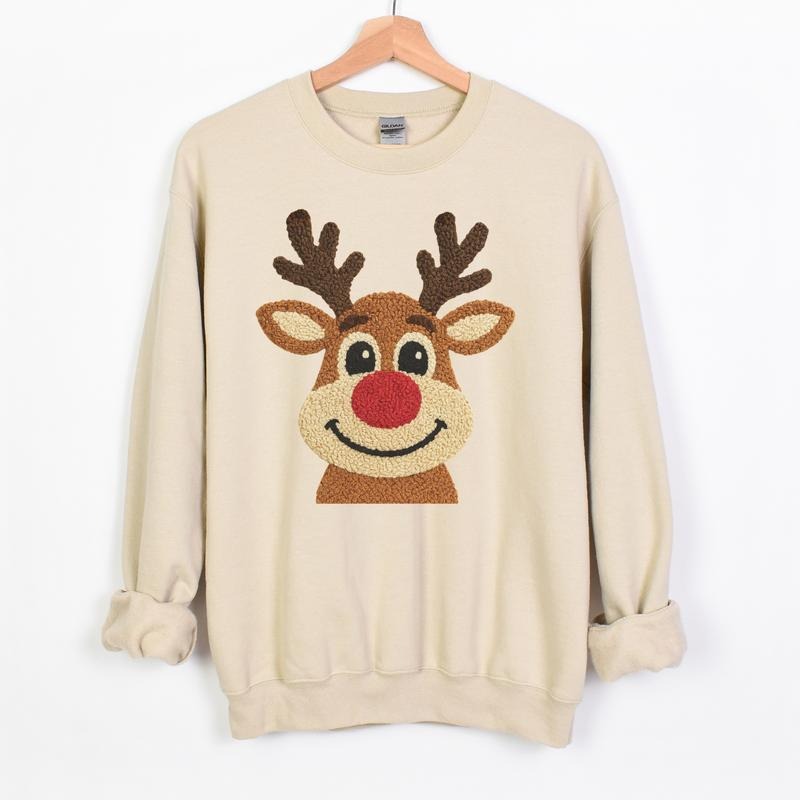 FAUX CROCHET REINDEER CHRISTMAS SWEATSHIRT Long Sleeve Crewneck or Hoodie Grunge Alt Aesthetic Edgy Streetwear Womenswear...
