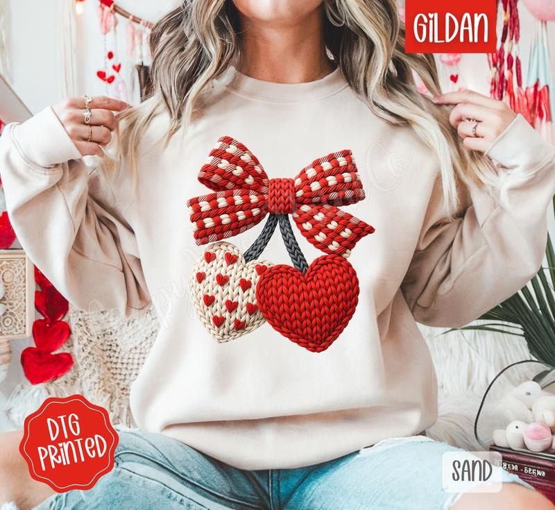 FAUX Knit Heart Cherries Sweatshirt, Valentine's Day Crewneck, Holiday Women's Sweater T-Shirts, Hoodie | PodTeesHub.com