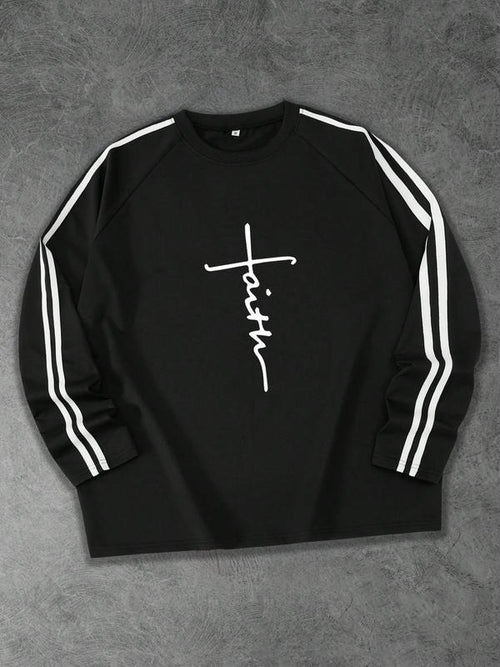 "Fact" printed two bar slanted shoulders casual trendy brand street style long sleeves, fashionable casual and...