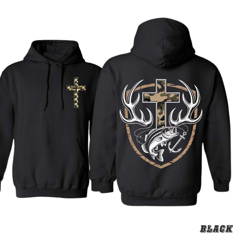 Faith Hunting Hoodie, Camo Cross with Antlers & Fish Hook Graphic Pullover, Rustic Outdoor Christian Sweatshirt for Men &...
