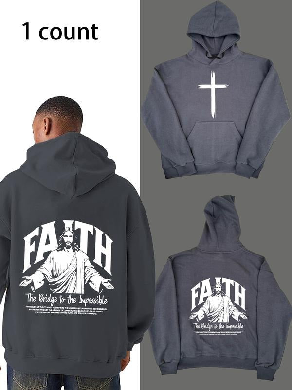 Faith-Themed Hooded Sweatshirt, Cross Symbol Front, Faith Print Back, Loose Fit, Casual Style, Fall & Winter Wear...