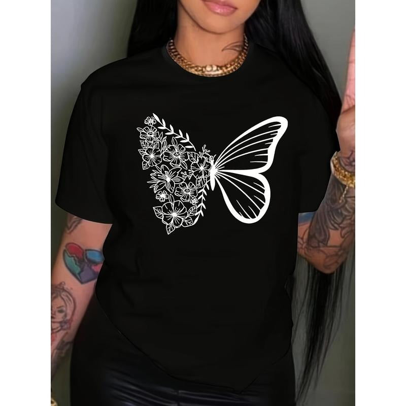 Chic Plus Size Butterfly Graphic Tee for Women - Comfy Polyester Blend, Crew Neck, Short Sleeve