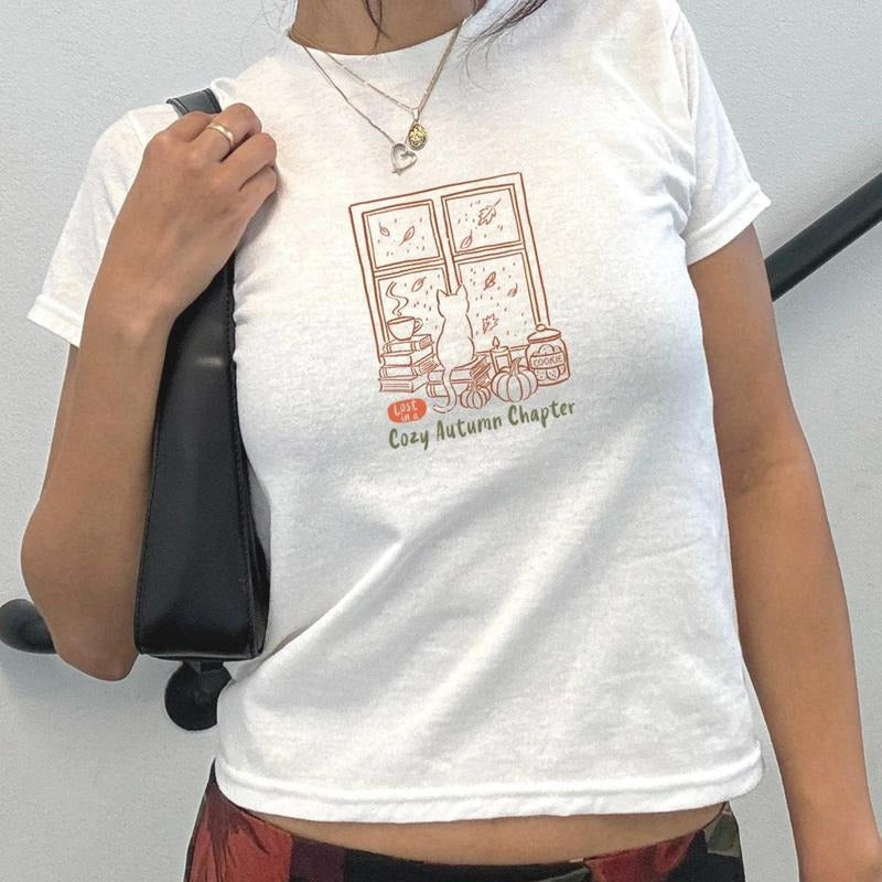 Fall Baby Tee Autumn Shirt Bookish Baby Tee Reading Shirt Cozy Reading Shirt Bookshelf Book Lover Gift Cat Baby Tee Cat...