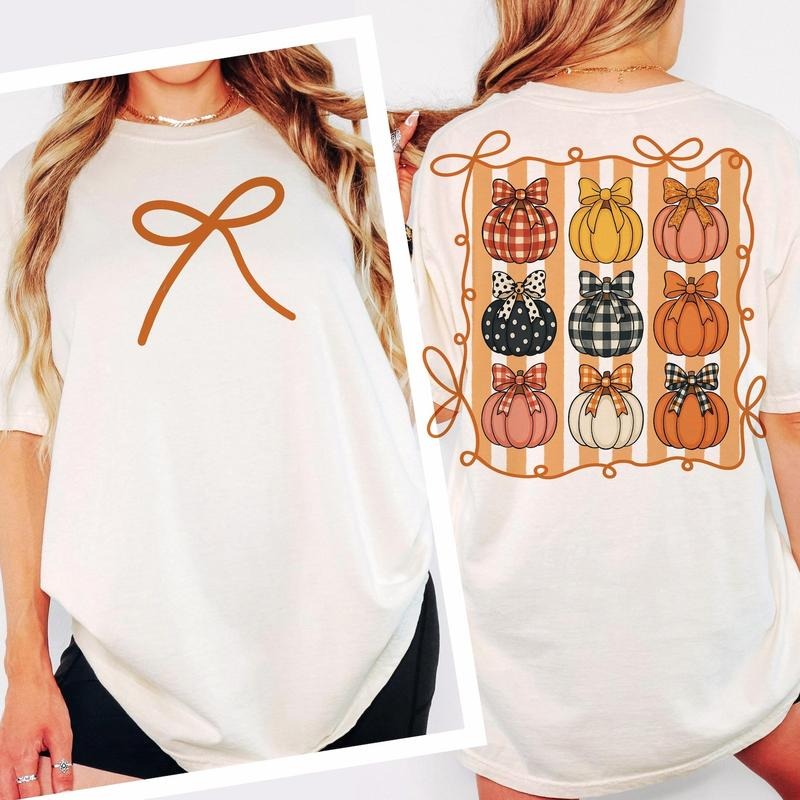 Fall Bow Pumpkin Cute Coquette Autumn 2 Sided Tee, Gingham and Polka Dot Pumpkin Shirt, Cozy Vibes Pumpkin Halloween Gift...