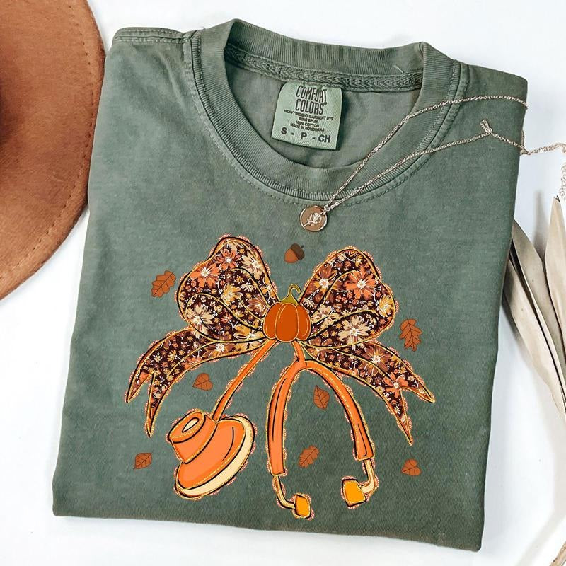Fall Nurse Shirt, Floral Pumpkin Autumn T-Shirt, Cozy Thanksgiving Nurse Tee, Stethoscope Fall Season Shirt Hoodie,...