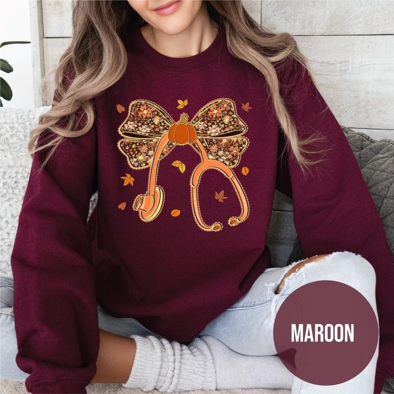 Fall Nurse Sweatshirt, Autumn Stethoscope Nurse Crewneck, Floral Pumpkin Thanksgiving Shirt, Cozy Season Nurse Top, Cute...