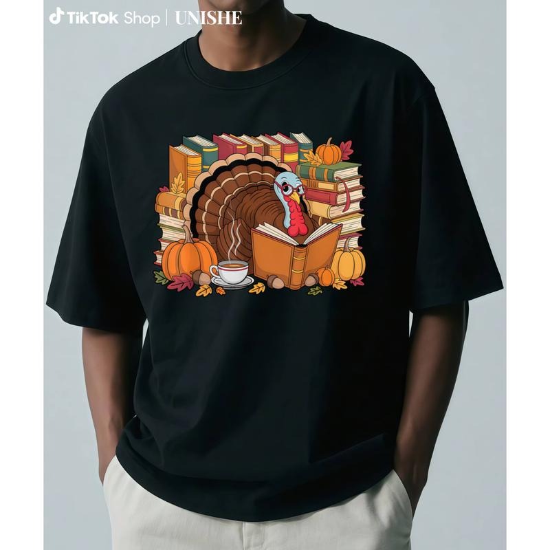 Fall Teacher T-Shirt Featuring Turkey Reading Books for Thanksgiving Hoodie, Sweatshirt | PodTeesHub.com
