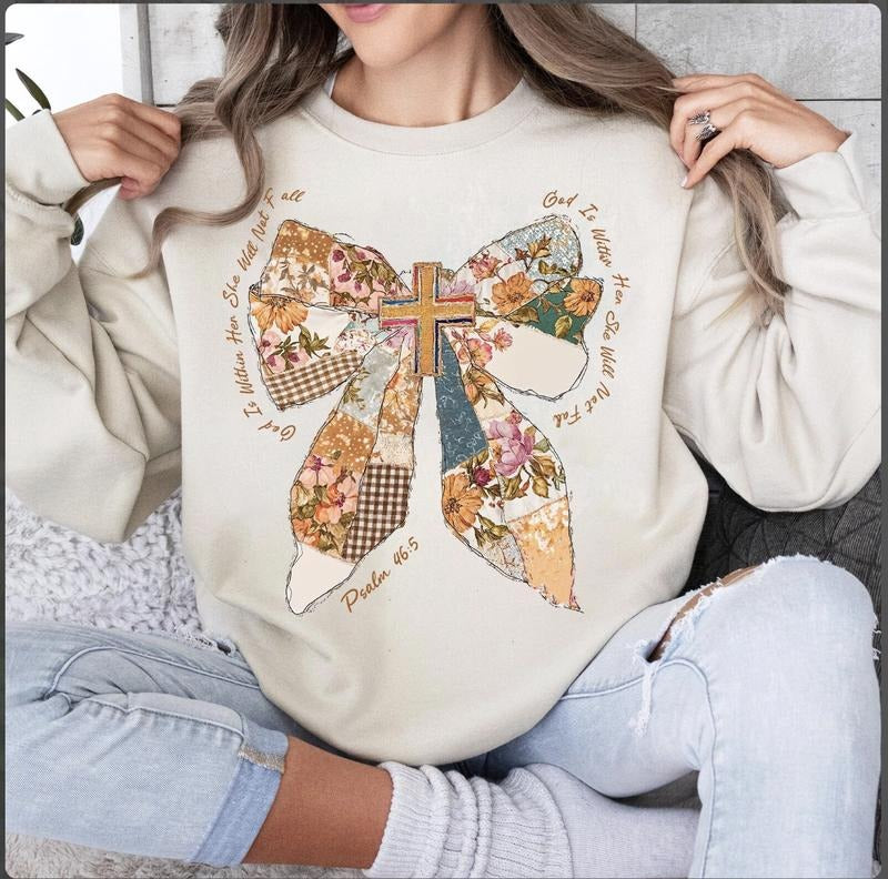 Fall Vibes Jesus God Is Within Her Coquette Brushstroke Patchwork Sweater, She Will Not Fall Christian Bible Verse Tee,...
