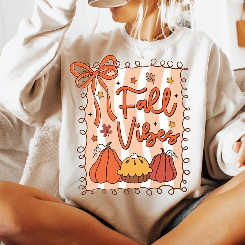 Fall Vibes Preppy Autumn Pumpkin Shirt, Coquette Fall Girly Bow Sweater, Cozy Season Thanksgiving Tee, Thankful Gift...
