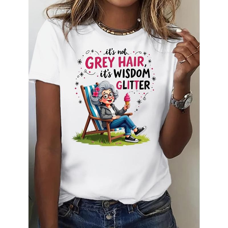 Plus Size Women's Humorous "Wisdom Glitter" Graphic Tee - Playful Ice & Stars Print Short Sleeve Shirt, Comfortable Round...