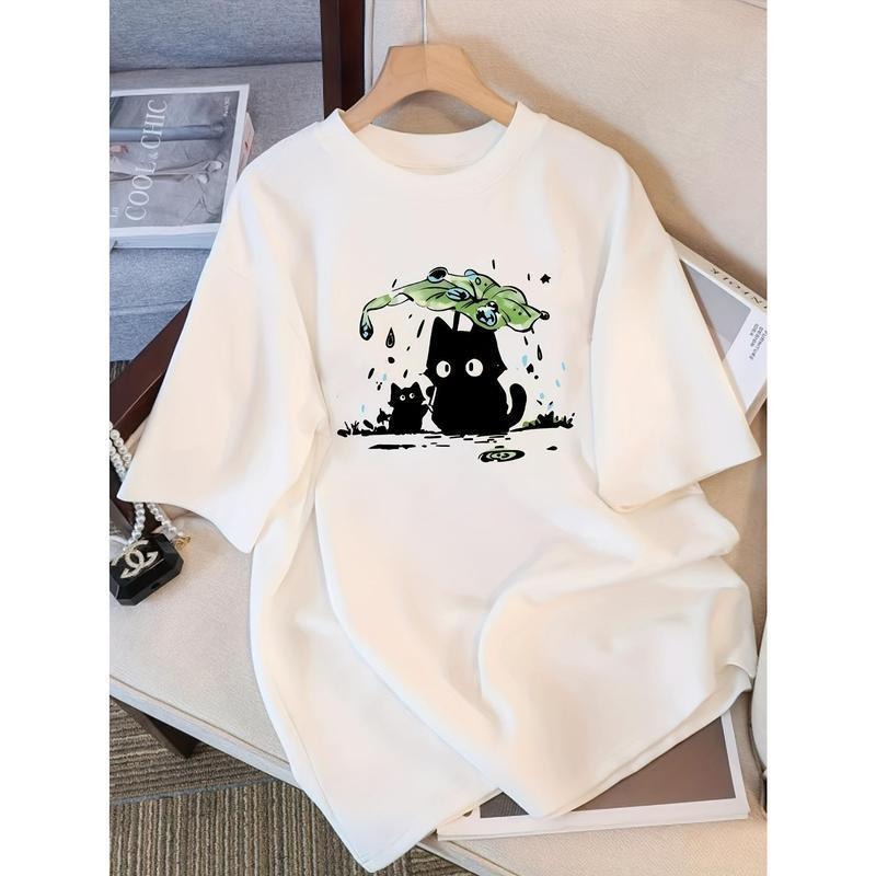 Y2K-Inspired Cute Cat & Bird Cartoon Print Short Sleeve T-Shirt for Women