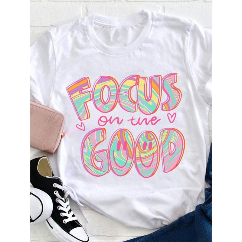 Women's 'Focus on the Good' Motivational Tee - Soft Round Neck T-Shirt with Vibrant Watercolor Lettering, Casual Short...