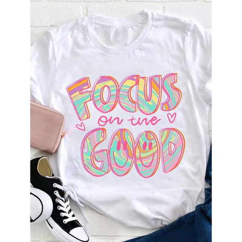 Women's 'Focus on the Good' Motivational Tee - Soft Round Neck T-Shirt with Vibrant Watercolor Lettering, Casual Short...