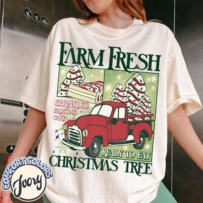 Farm Fresh Christmas Tree Comfort Colors Shirt, Christmas Tree Cake Shirt, Merry Christmas Shirt,Cute Winter...