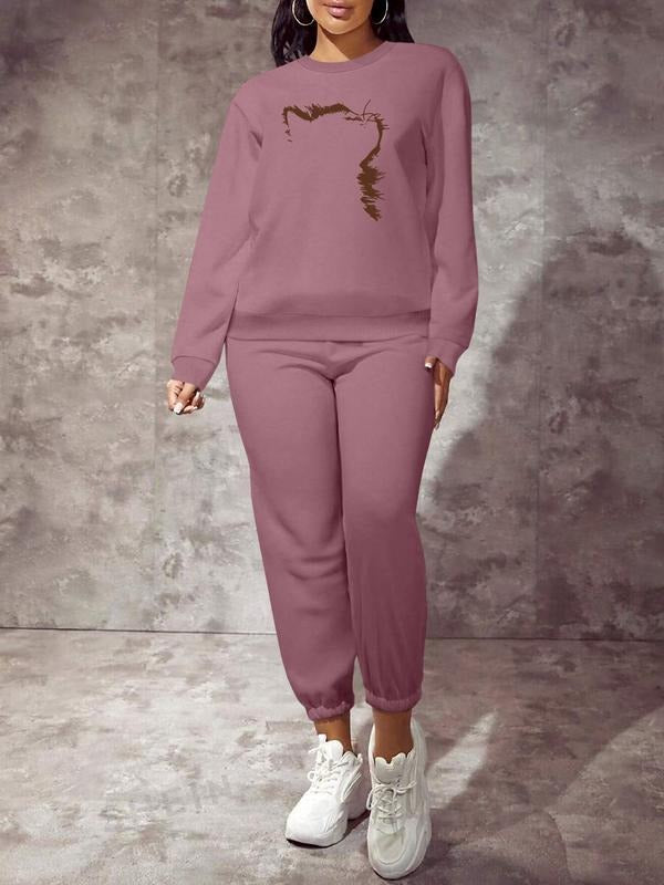 Fashion Casual Women's Animal Print Long Sleeve Sweatshirt Set, Cute Cat Pattern, Spring & Fall Sportswear, Daily Wear,...