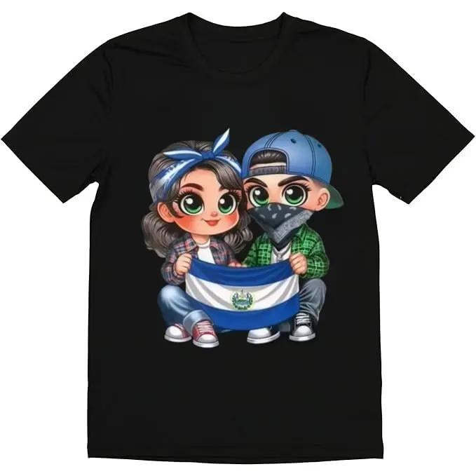 Fashion Designer T-Shirts- Cotton Graphic Tees with Salvadoran Kids with Flag