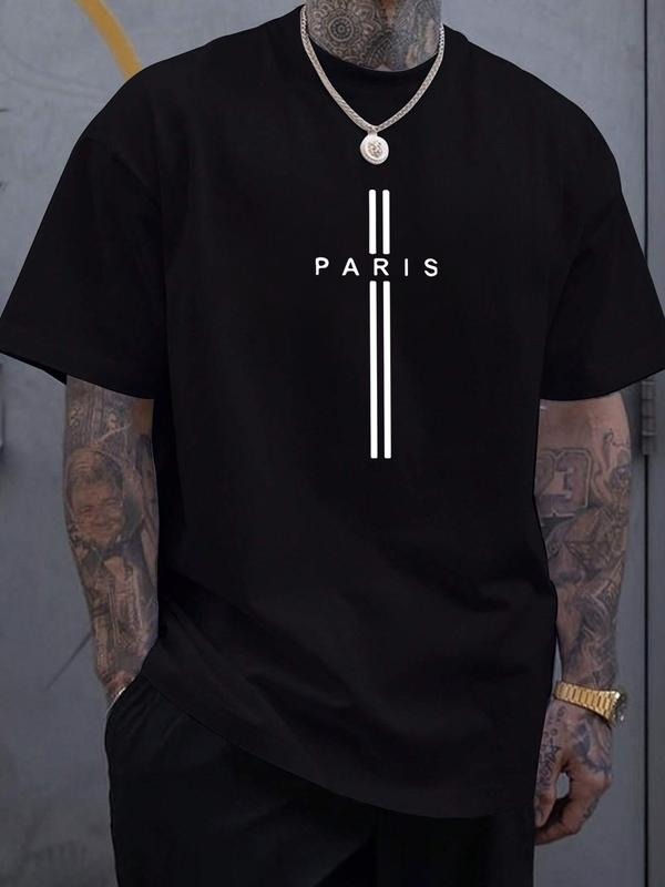 Fashion Simple Short Sleeve T-Shirt, Paris Letter Print, Side Vertical Stripes Design, Casual Streetwear Trendy Hoodie,...