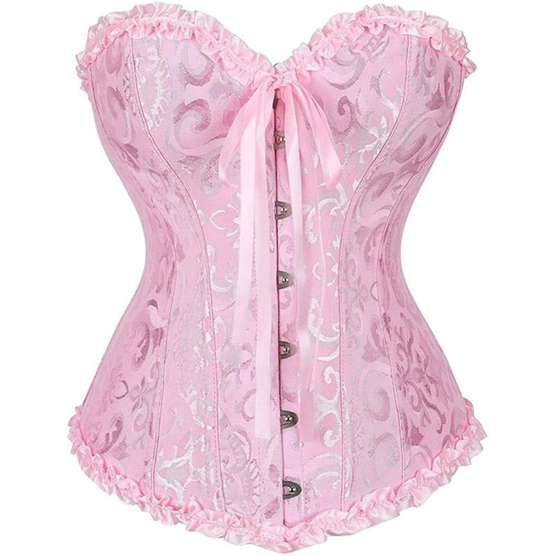 Fashion Womens Lace Up Corset Top Floral Printing Ruffle Hem Overbust Body Shaper Bustier Corsets Costume Party Outfits...