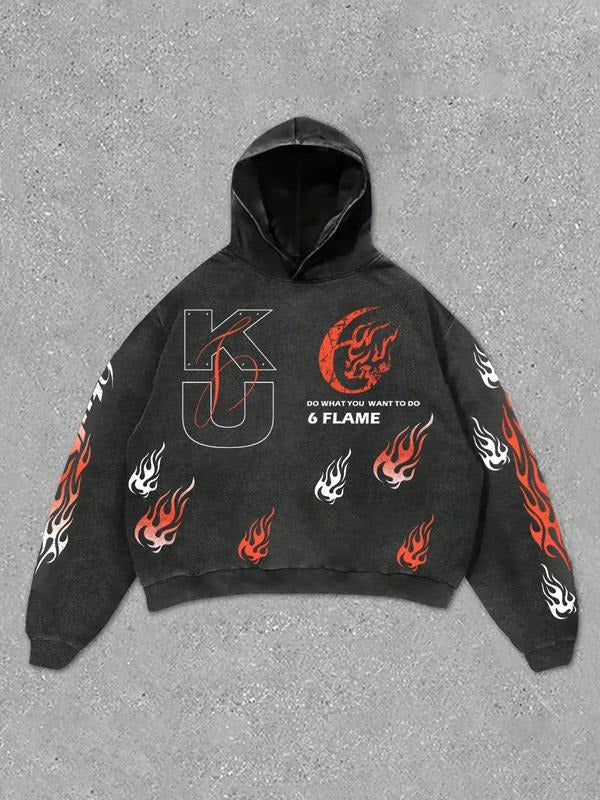 Fashionable Men's Hooded Sweatshirt in High-Quality Cotton, Trendy Flame Graphic Print, Comfortable and Stylish for...