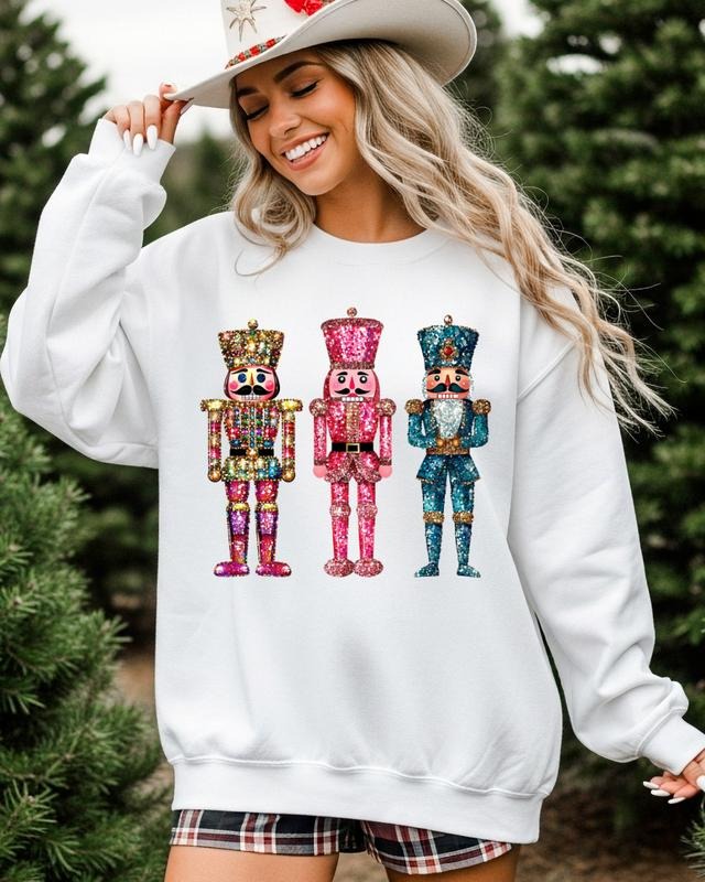 Faux Glitter Christmas Nutcracker Sweatshirt, Women's Trendy Cute Oversized Crewneck T-Shirts, Hoodie | PodTeesHub.com
