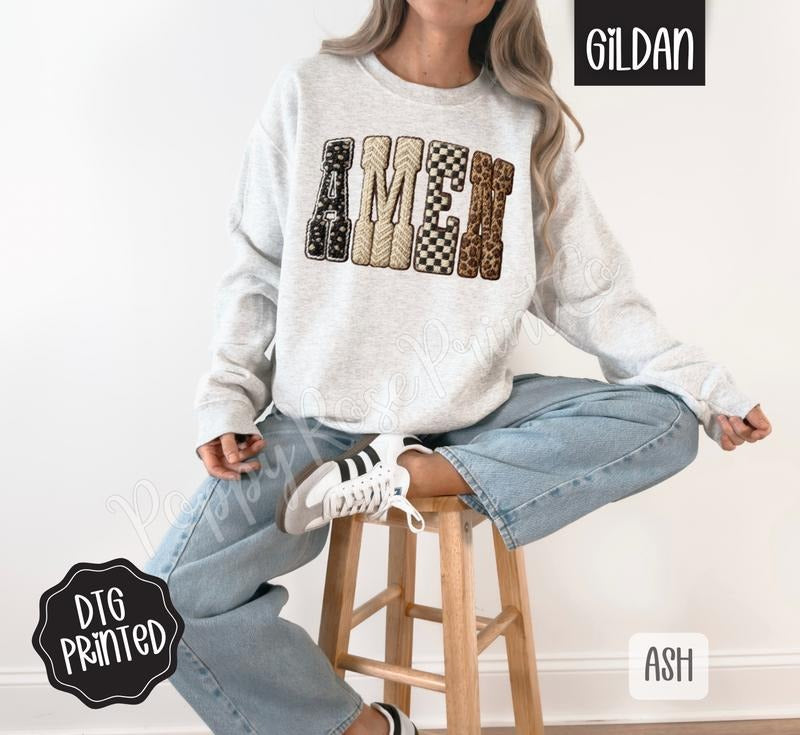 Faux Knit Amen Sweatshirt, Trendy Women's Religious Crewneck T-Shirts, Hoodie | PodTeesHub.com