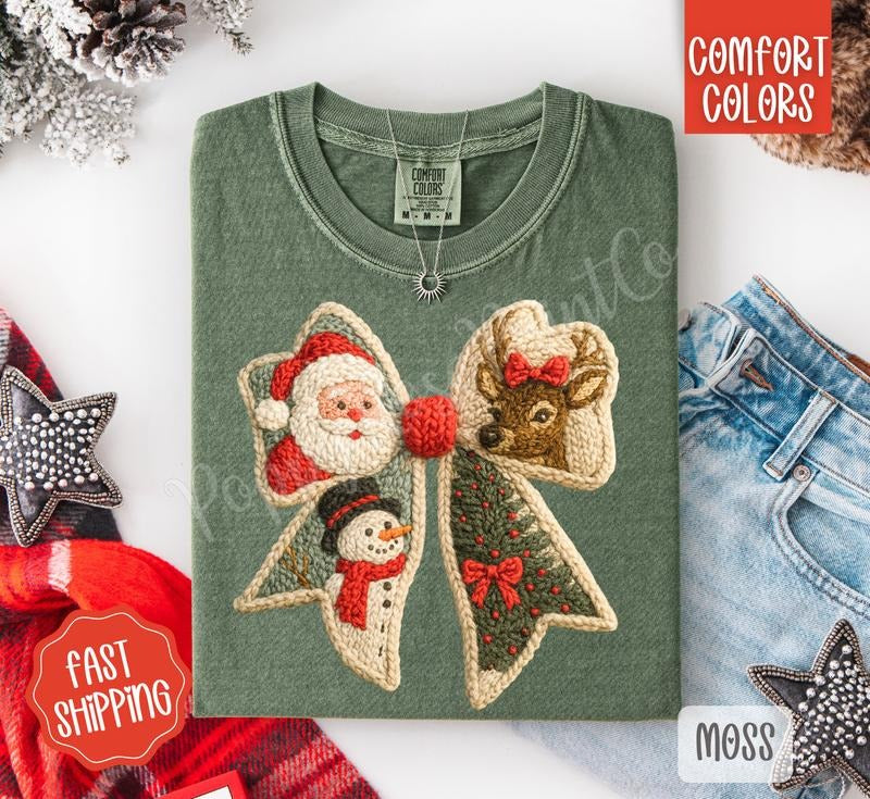 Faux Knit Christmas Bow Shirt Comfort Colors, Trendy Women's Holiday Tshirt Hoodie, Sweatshirt | PodTeesHub.com