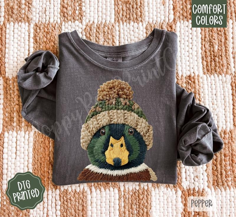Faux Knit Duck Long Sleeve TShirt, Trendy Women's Tee Hoodie, Sweatshirt | PodTeesHub.com