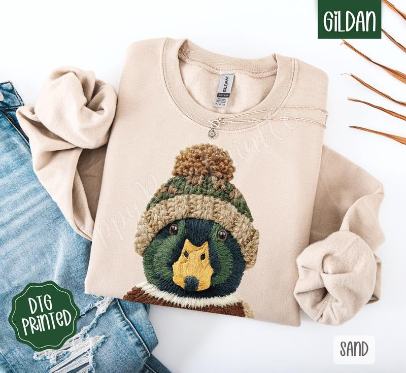 Faux Knit Duck Sweatshirt, Trendy Women's Sweater T-Shirts, Hoodie | PodTeesHub.com