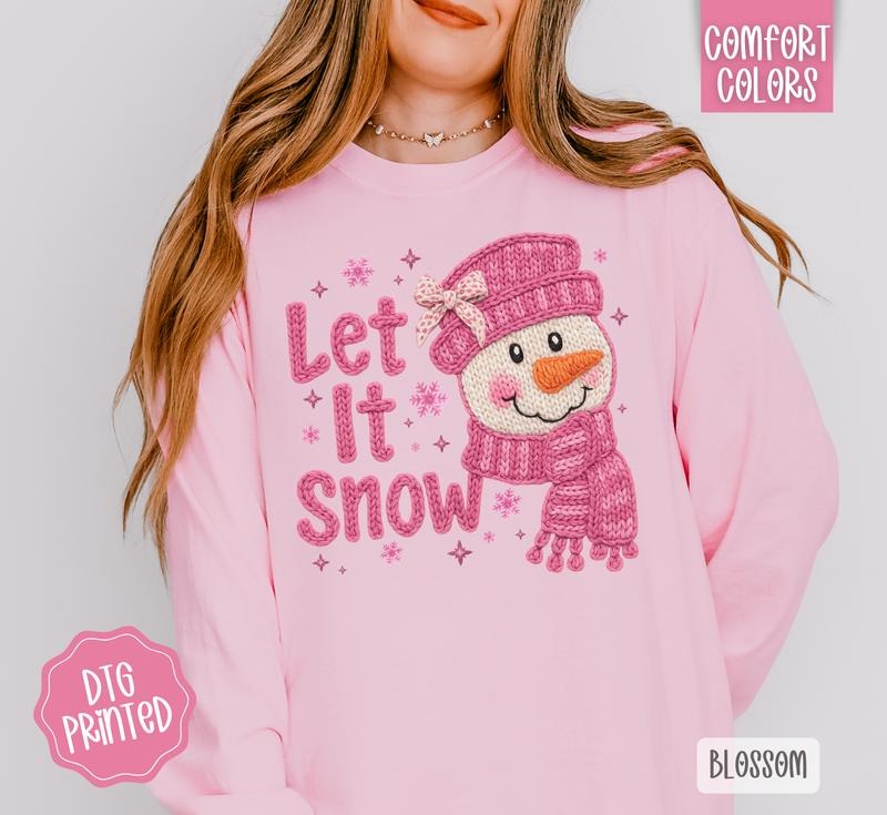 Faux Knit Let It Snow Long Sleeve TShirt, Trendy Women's Tee Hoodie, Sweatshirt | PodTeesHub.com