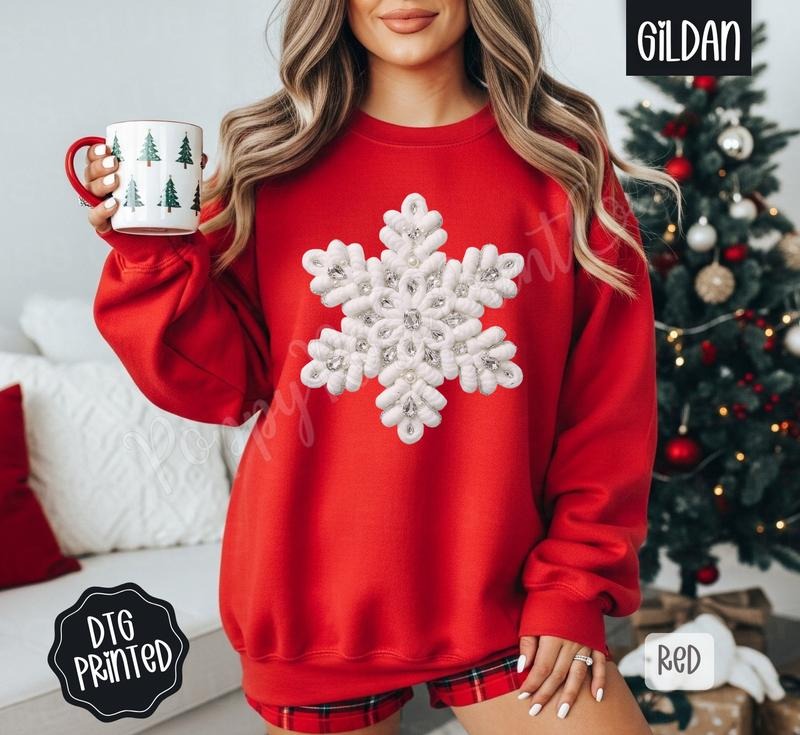 Faux Knit Snowflake Sweatshirt, Trendy Women's Winter Crewneck T-Shirts, Hoodie | PodTeesHub.com