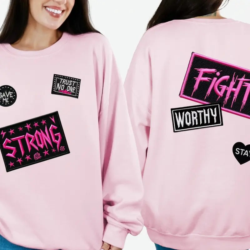 Faux Patch "Strong, Trust No One, Worthy, Fight, Lovely, Stay" Goth-Inspired Sweatshirt | Menswear & Womenswear | Mental...