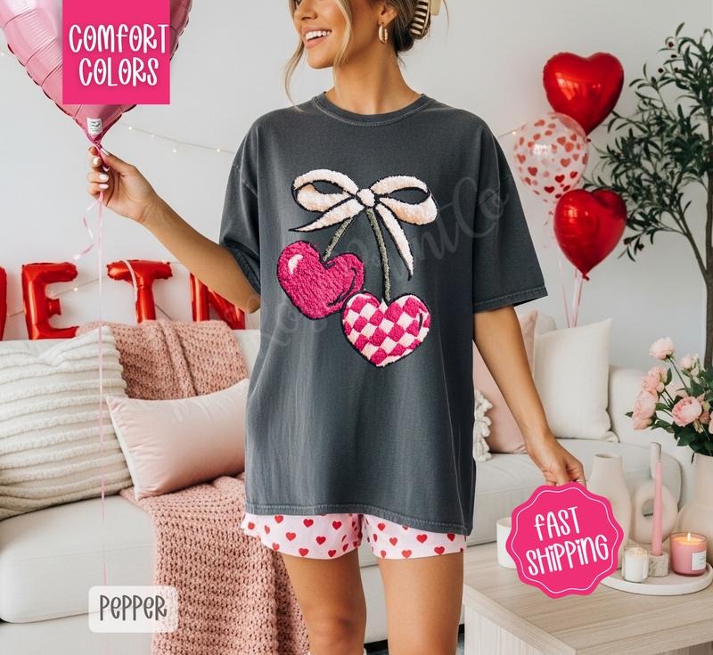 Faux Patchwork Heart Cherries Shirt Comfort Colors, Valentine's Day Women's Tee, Holiday Women's Tshirt Hoodie, Sweatshirt