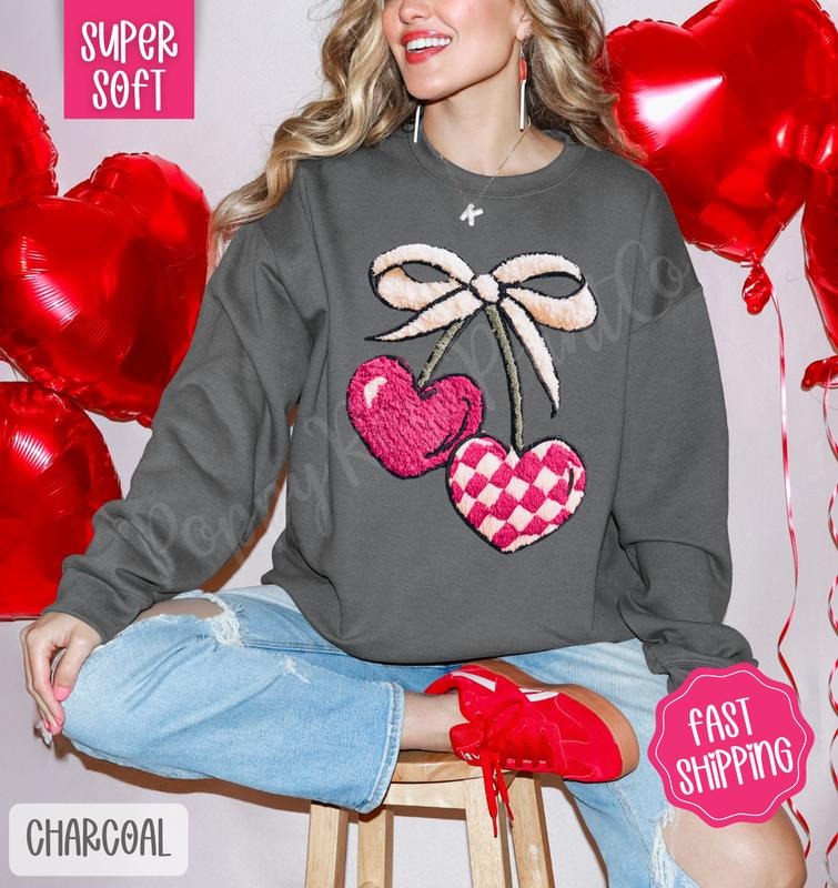 Faux Patchwork Heart Cherries Sweatshirt, Valentine's Day Crewneck, Holiday Women's Sweater T-Shirts, Hoodie | PodTeesHub.com