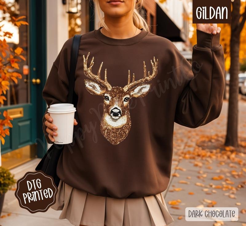 Faux Rhinestone Deer Sweatshirt, Trendy Women's Crewneck T-Shirts, Hoodie | PodTeesHub.com