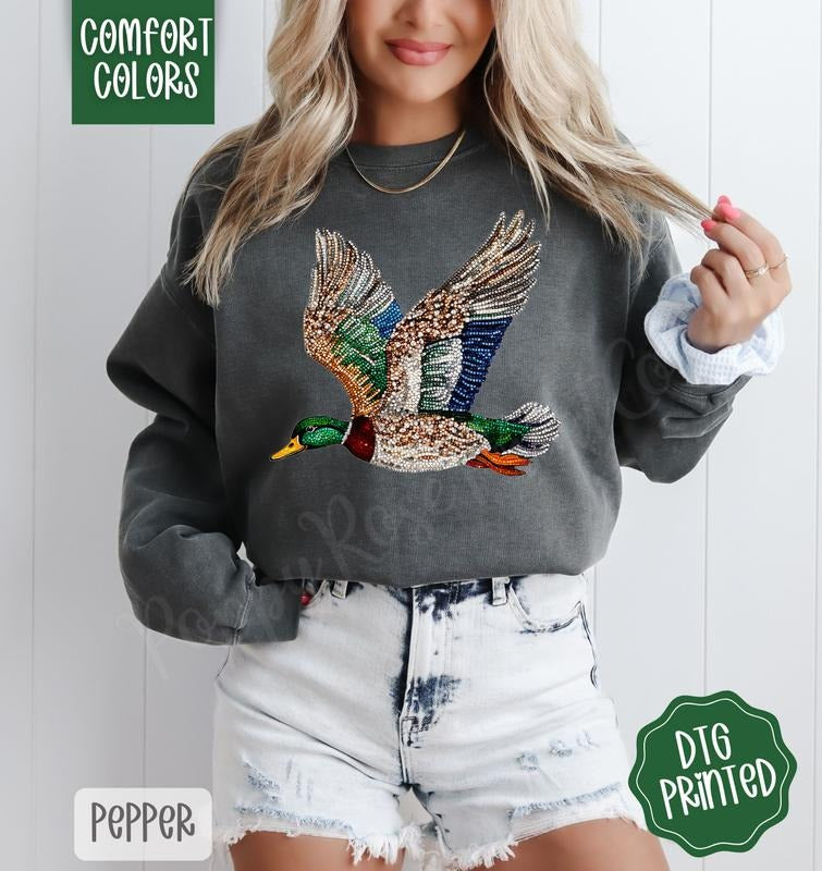 Faux Rhinestone Duck Comfort Colors Sweatshirt, Trendy Women's Crewneck T-Shirts, Hoodie | PodTeesHub.com