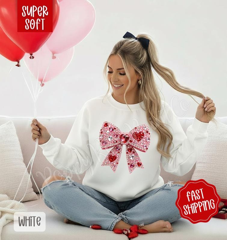 Faux Rhinestone Heart Bow Sweatshirt, Trendy Women's Valentine's Day Sweater T-Shirts, Hoodie | PodTeesHub.com