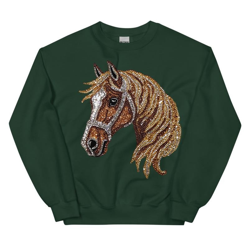 Faux Rhinestone Horse DTG Printed Sweatshirt, Horse Riding Shirt, Country, Pony Bling Crewneck Hoodie | PodTeesHub.com
