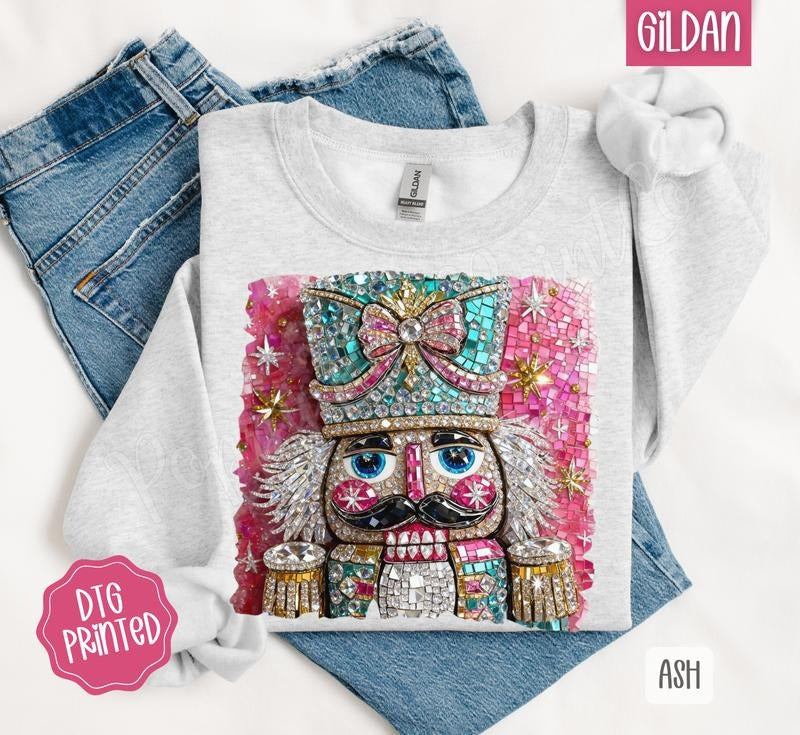 Faux Rhinestone Nutcracker Sweatshirt, Trendy Women's Christmas Crewneck T-Shirts, Hoodie | PodTeesHub.com
