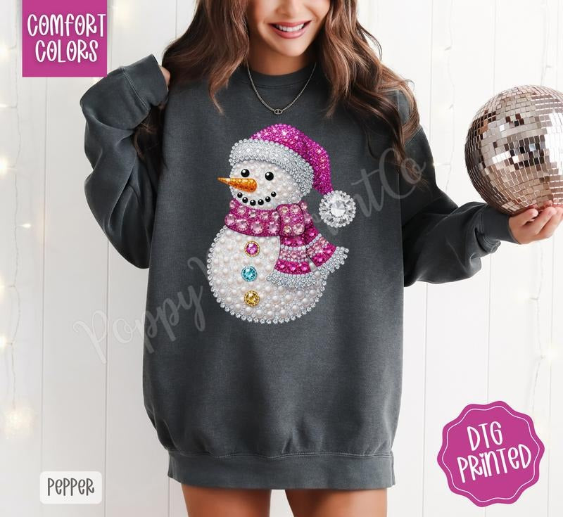 Faux Rhinestone Snowman Comfort Colors Sweatshirt, Trendy Women's Christmas Crewneck T-Shirts, Hoodie | PodTeesHub.com
